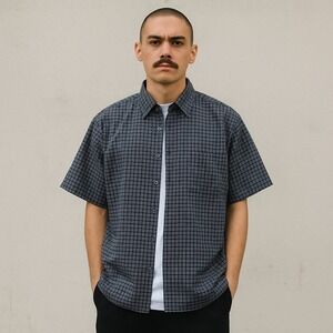 Vintage Caltop USA Plaid Button Shirt Short Sleeve Blue Black 90s Cholo Skater L